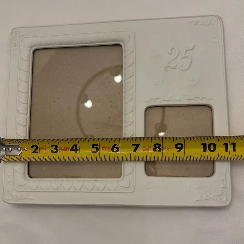 25th Wedding Anniversary Double Picture Frame White Embossed Keepsake Decor